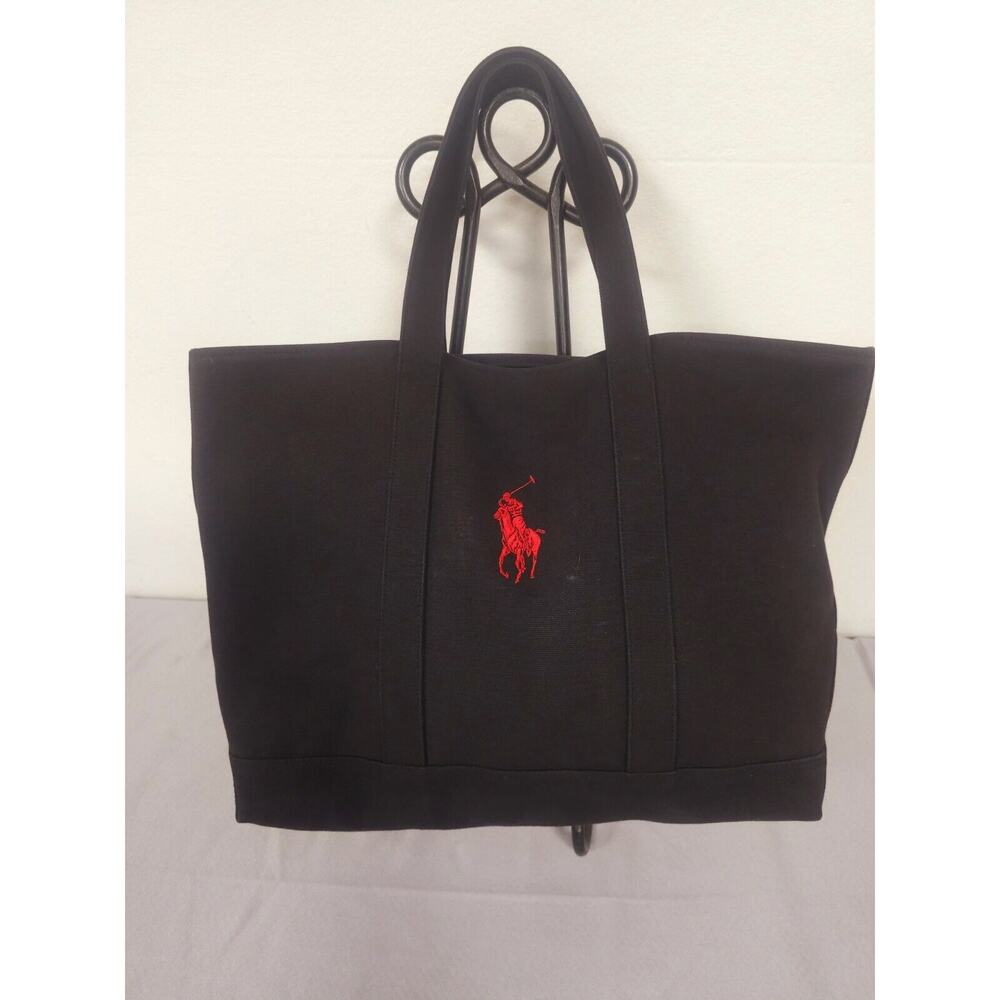LARGE POLO RALPH LAUREN BIG EMBROIDERED PONY CANVAS TOTE BAG BLACK RED
